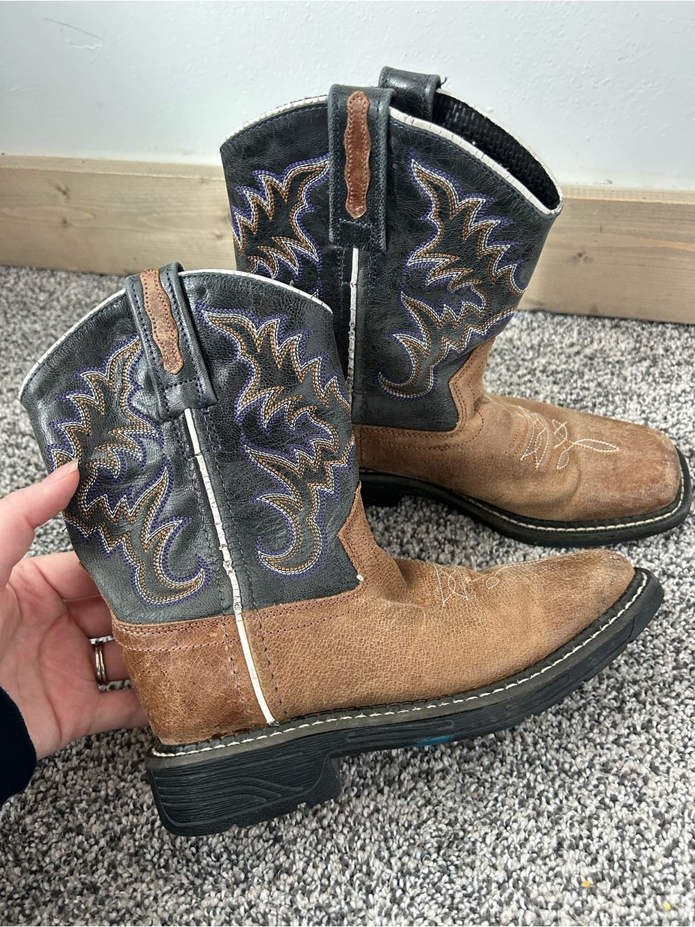 Old West Brown and Black Kids Cowboy Boots with Purple Stitching